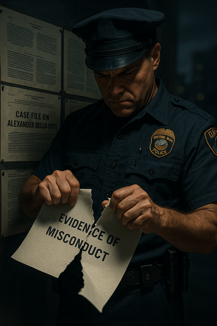 Police officer handling evidence related to the Alexander Bello-Ortiz suspicious death case, highlighting the need for accountability. 